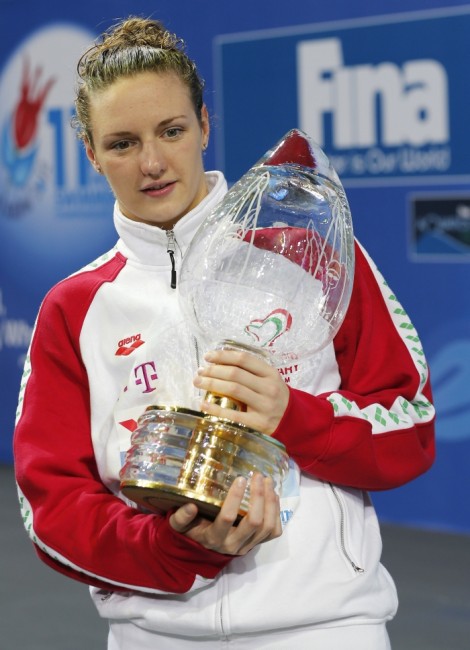Hosszu of Hungary poses with her trophy for best female swimmer during the award ceremony at the FINA World Swimming Championships in Istanbul